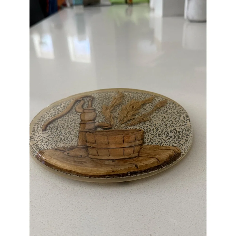 Vintage 3D Lucite Wall Plaque Farmhouse Water Pump Wheat Floral Calico Decor